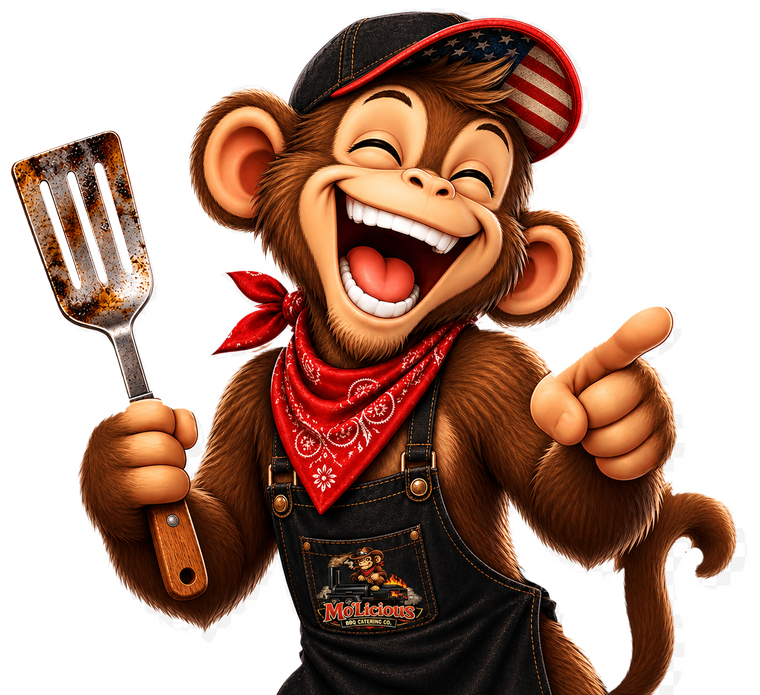 Laughing Mo'Licious smokehouse monkey holding a spatula